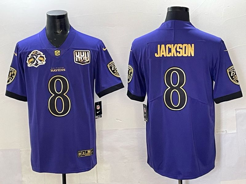 Men Baltimore Ravens #8 Jackson Purple gold Nike Limited NFL 2025 Jersey style 01->baltimore ravens->NFL Jersey